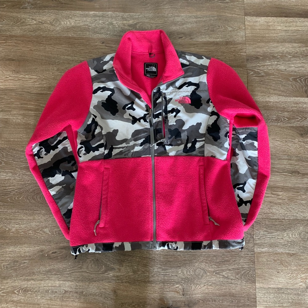 The North Face bright pink and Camo fleece jacket